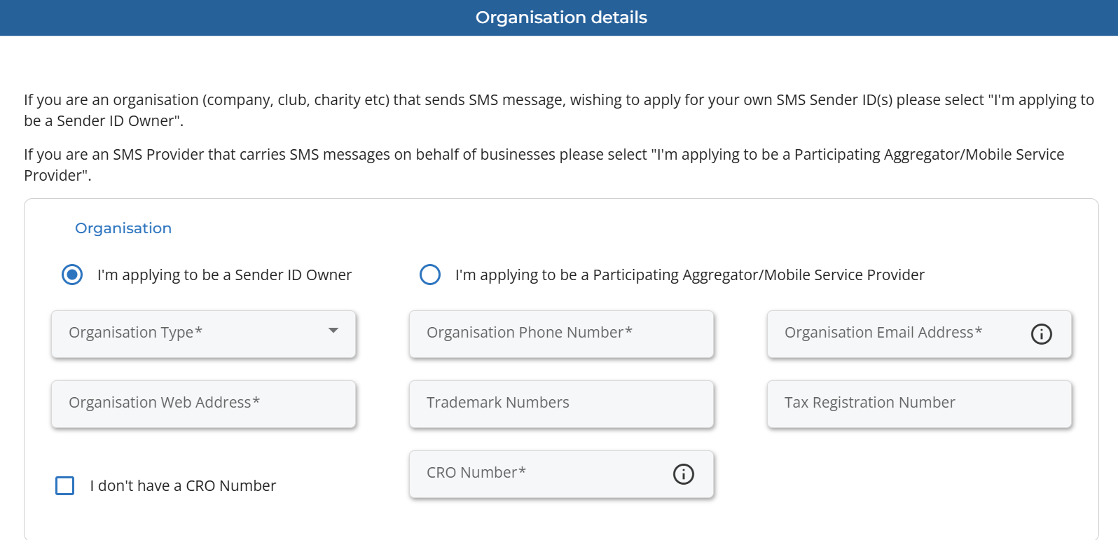 Sender ID Owner Registration Form