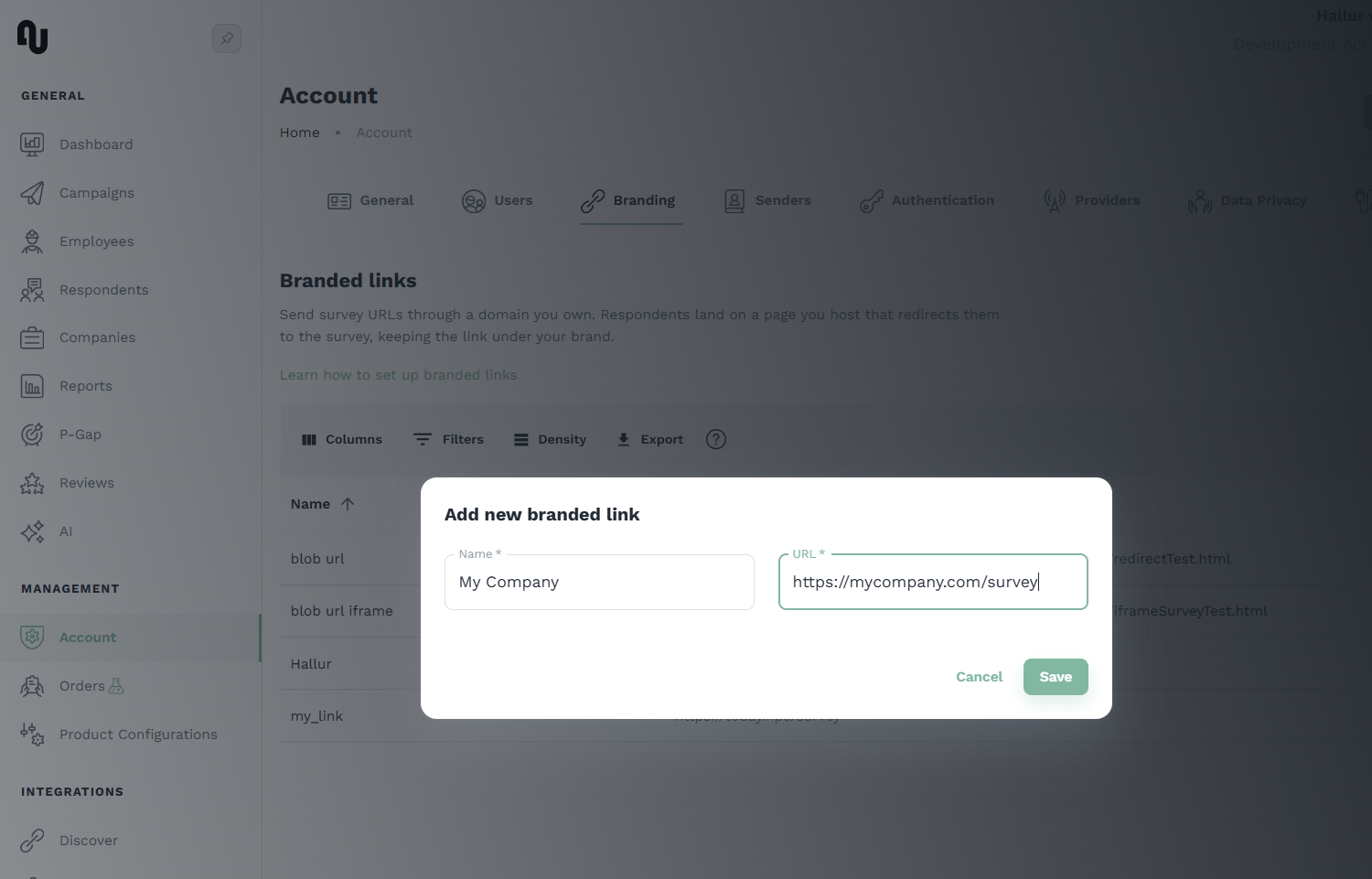 Add a branded link under Account → Branding
