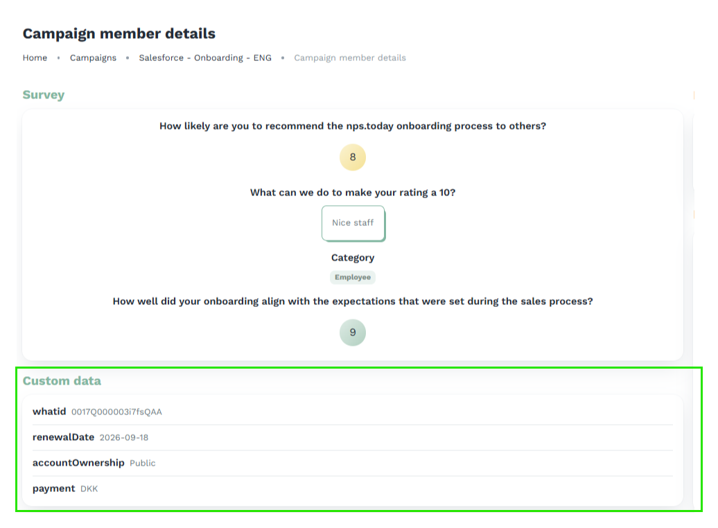 Custom data shown on the campaign member in nps.today