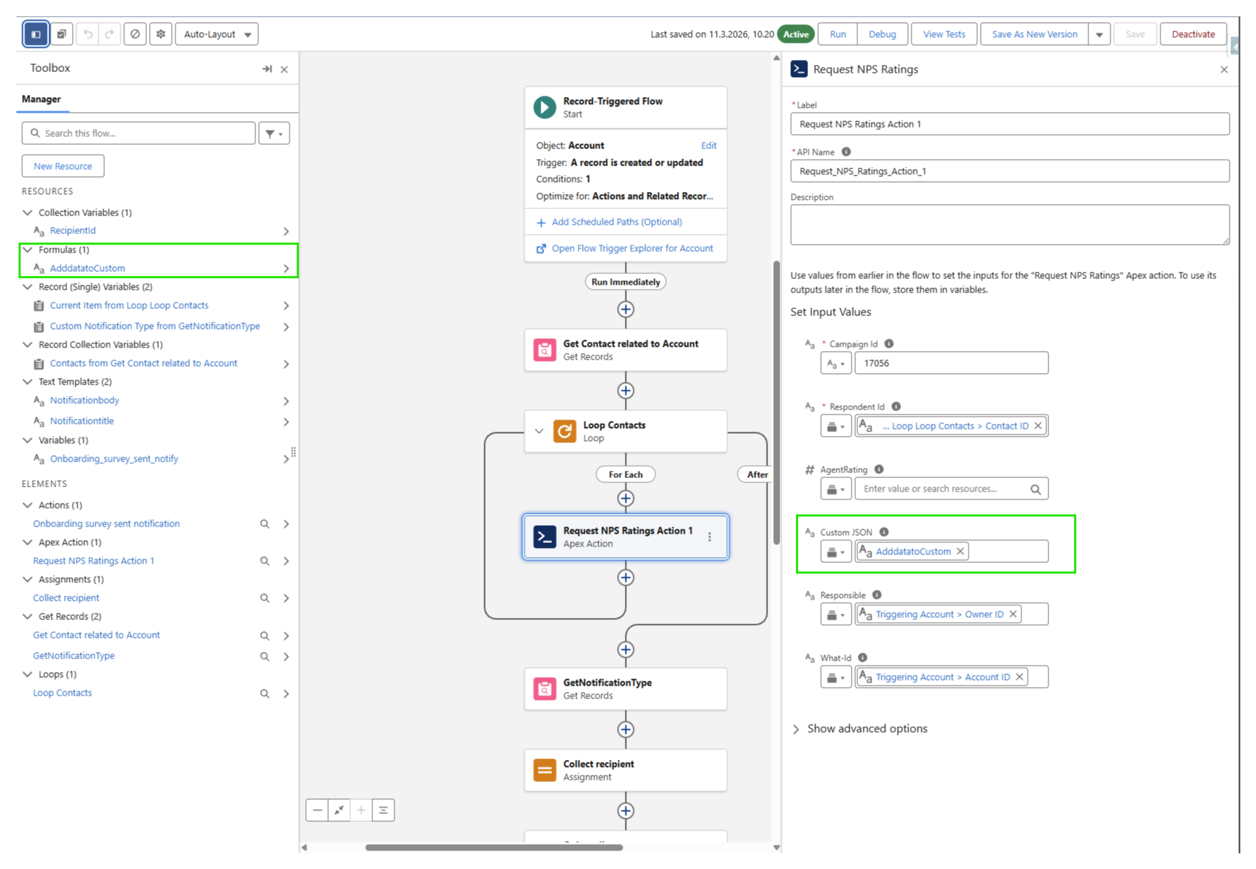 The Request NPS Ratings action with a text formula assigned to the Custom JSON input
