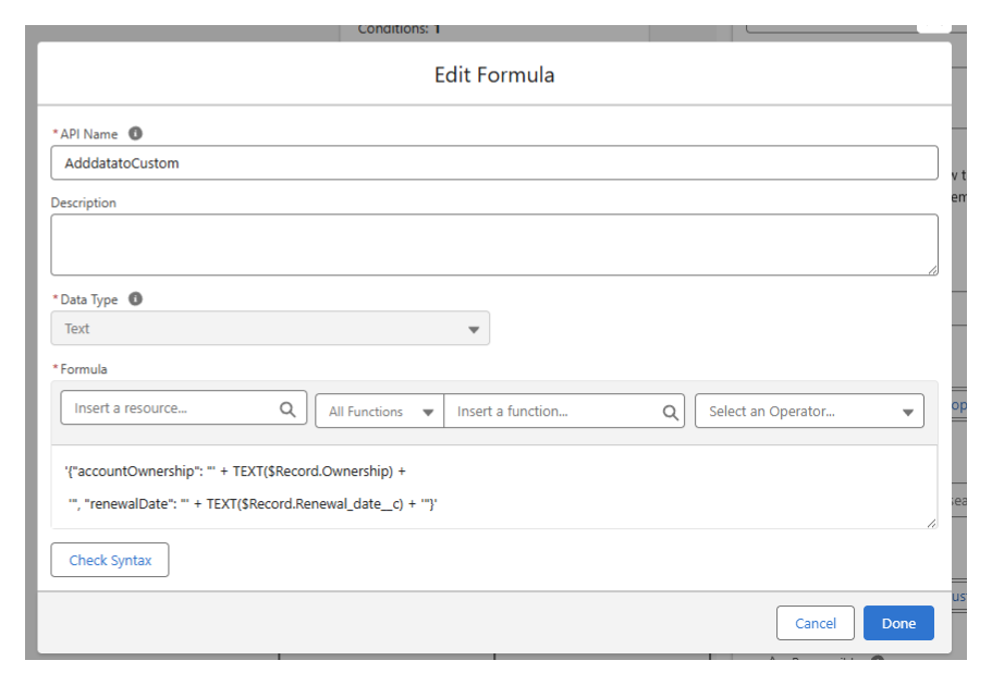 The Edit Formula window with the Custom JSON formula