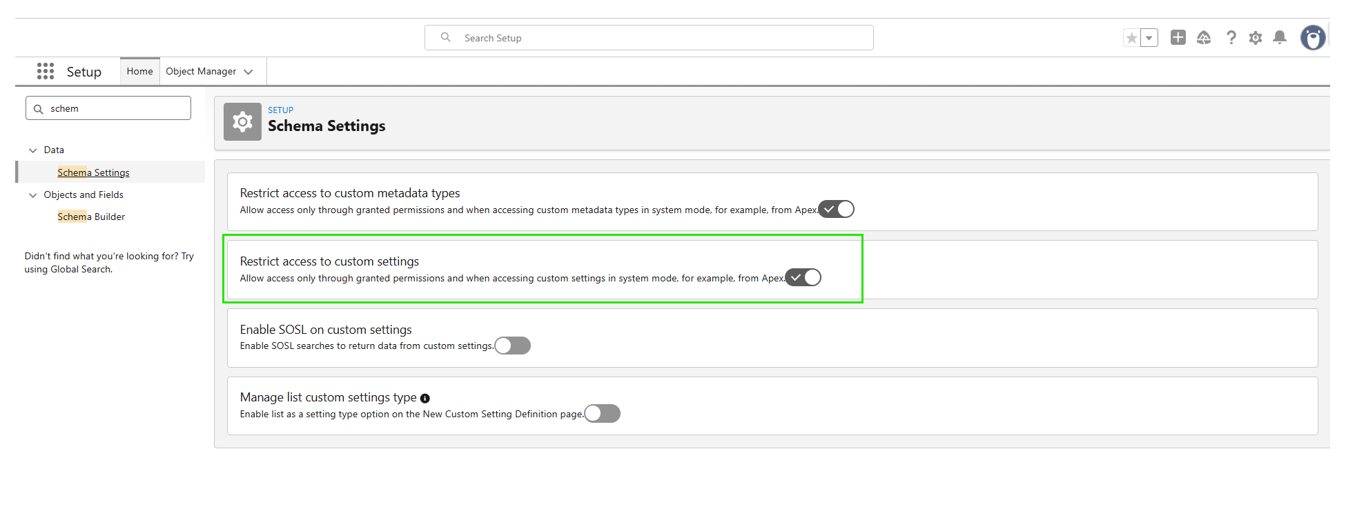 Restrict access to custom settings