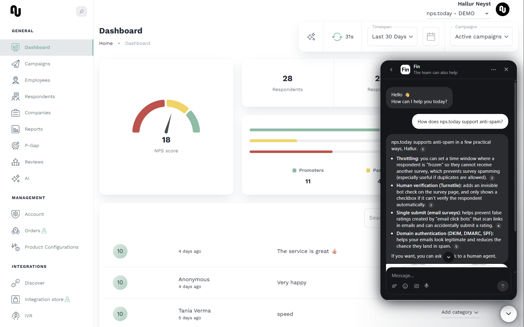 Intercom support chat open on the nps.today dashboard