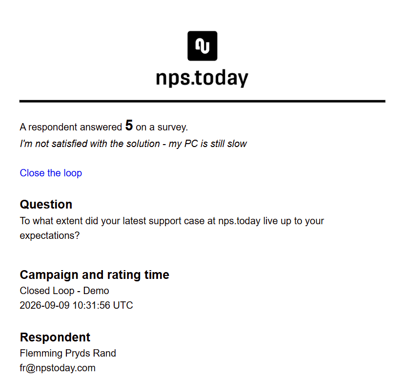 Example notification email showing the customer's rating and comment, a Close the loop link, the survey question, campaign, and respondent details.
