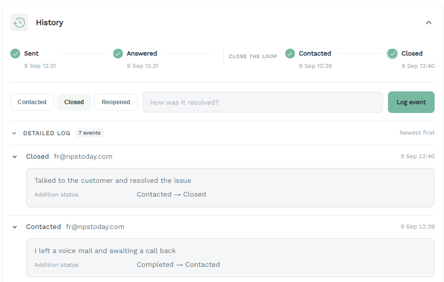 History showing dated Contacted and Closed events with follow-up notes.