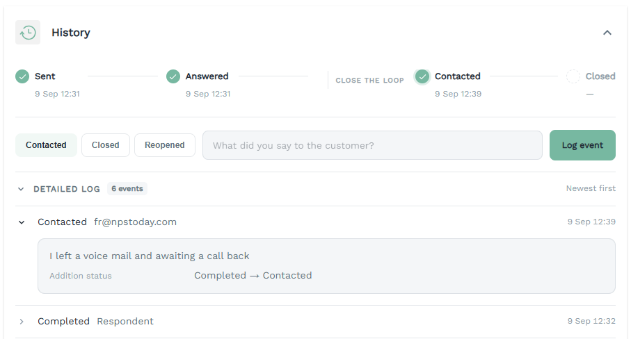 History showing a Contacted event with a note and timestamp.