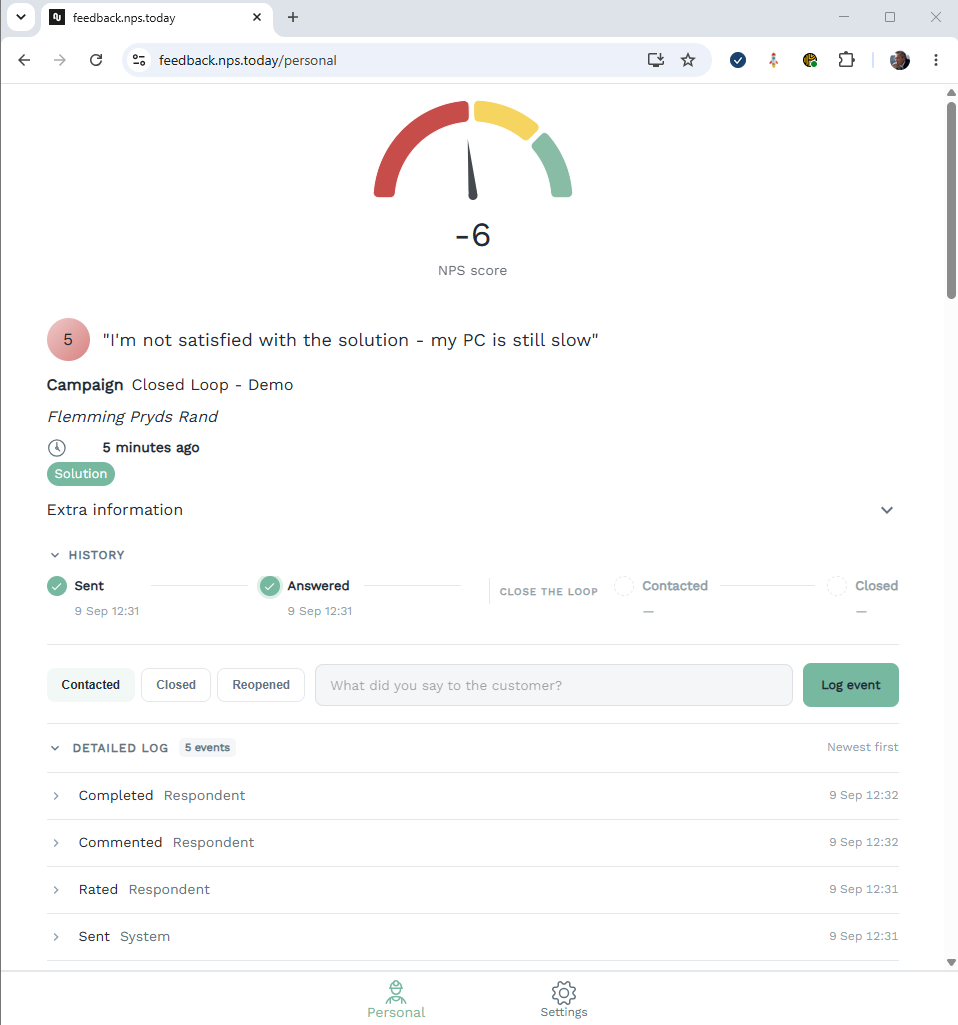 Feedback App Personal view with History expanded, showing follow-up progress, action controls, and the detailed event log.
