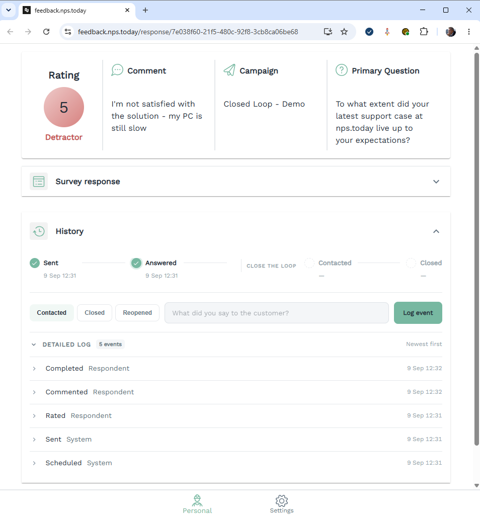 Response overview showing the rating, comment, campaign, survey question, and History panel.