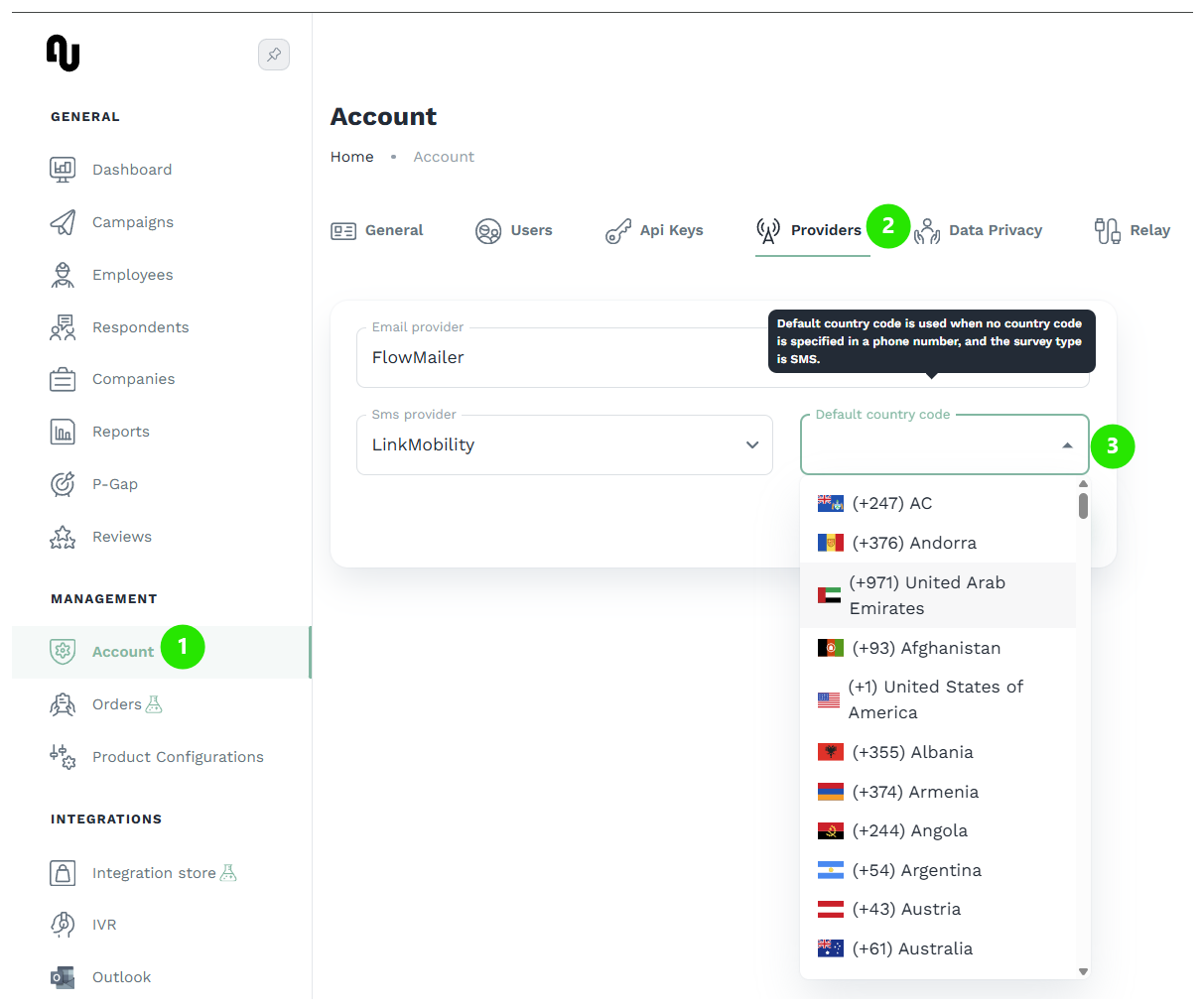 set-up default country code