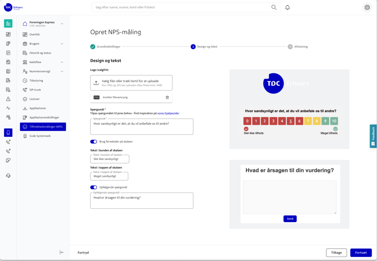 Design and text step with logo upload, question, scale, follow-up question and live preview
