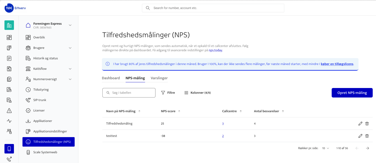 NPS-måling tab listing measurements with NPS score, call centers and number of responses