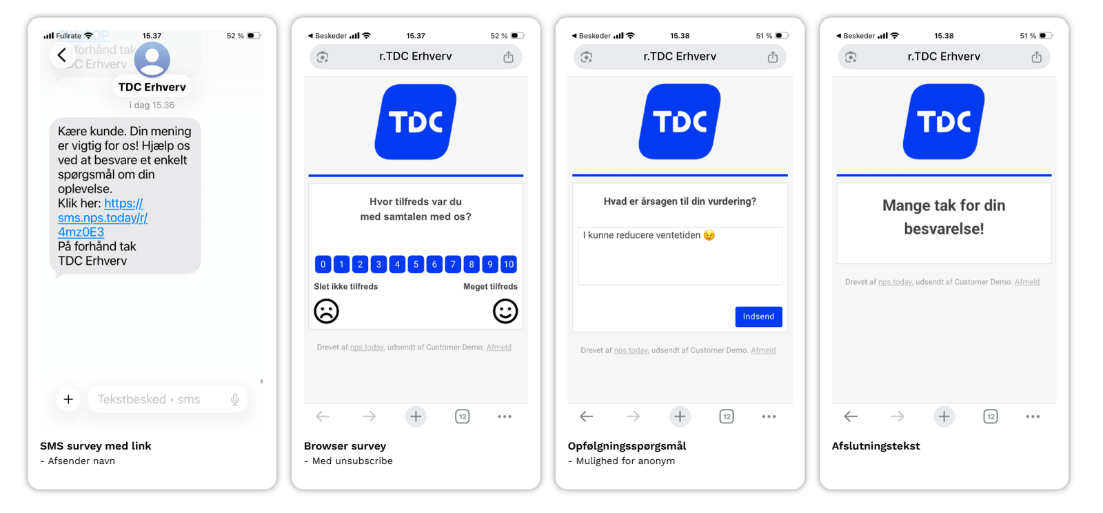 SMS survey sent by TDC Erhverv: SMS with link, browser survey, follow-up question and closing text